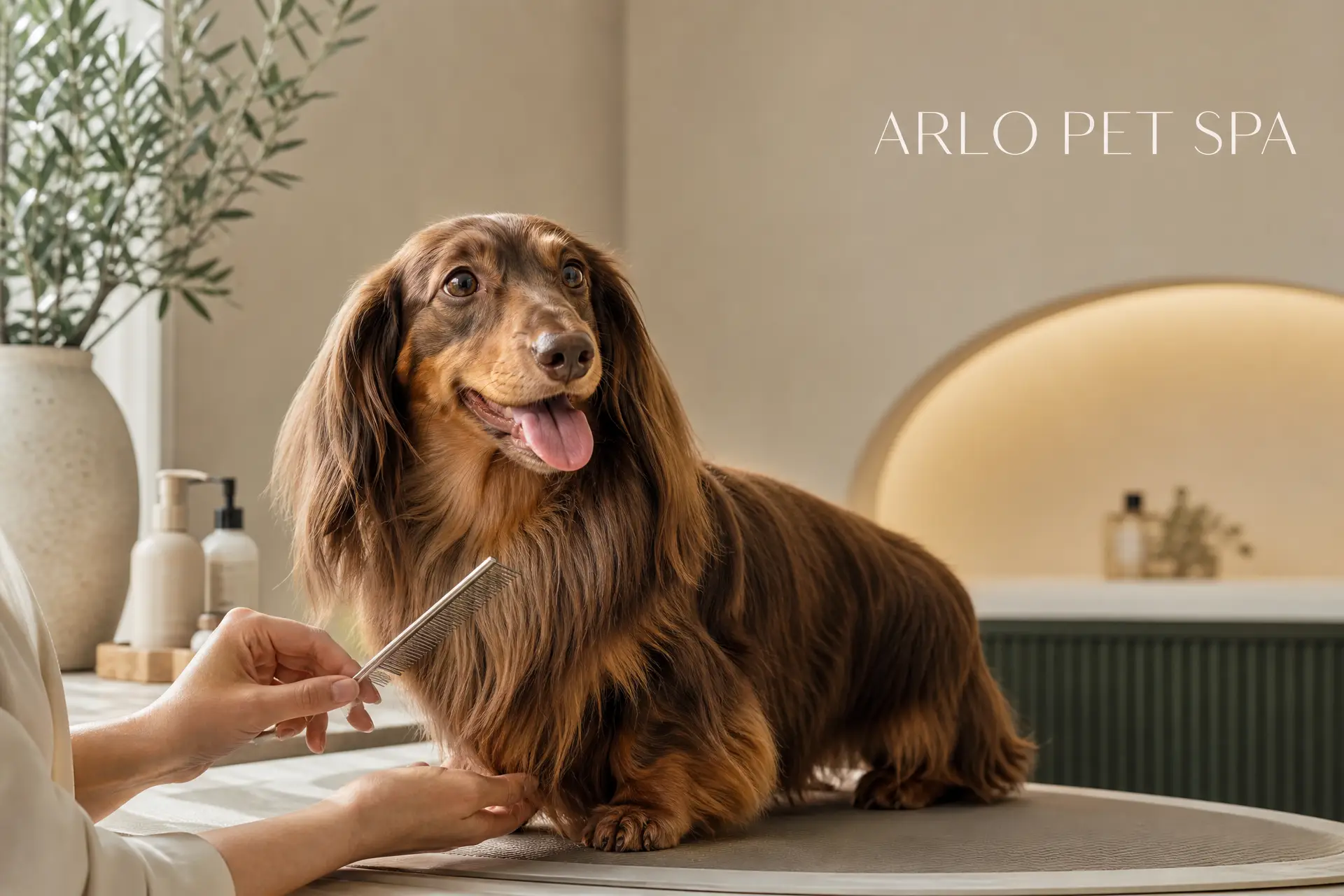 A happy long-haired dachshund being groomed at ARLO Pet Spa